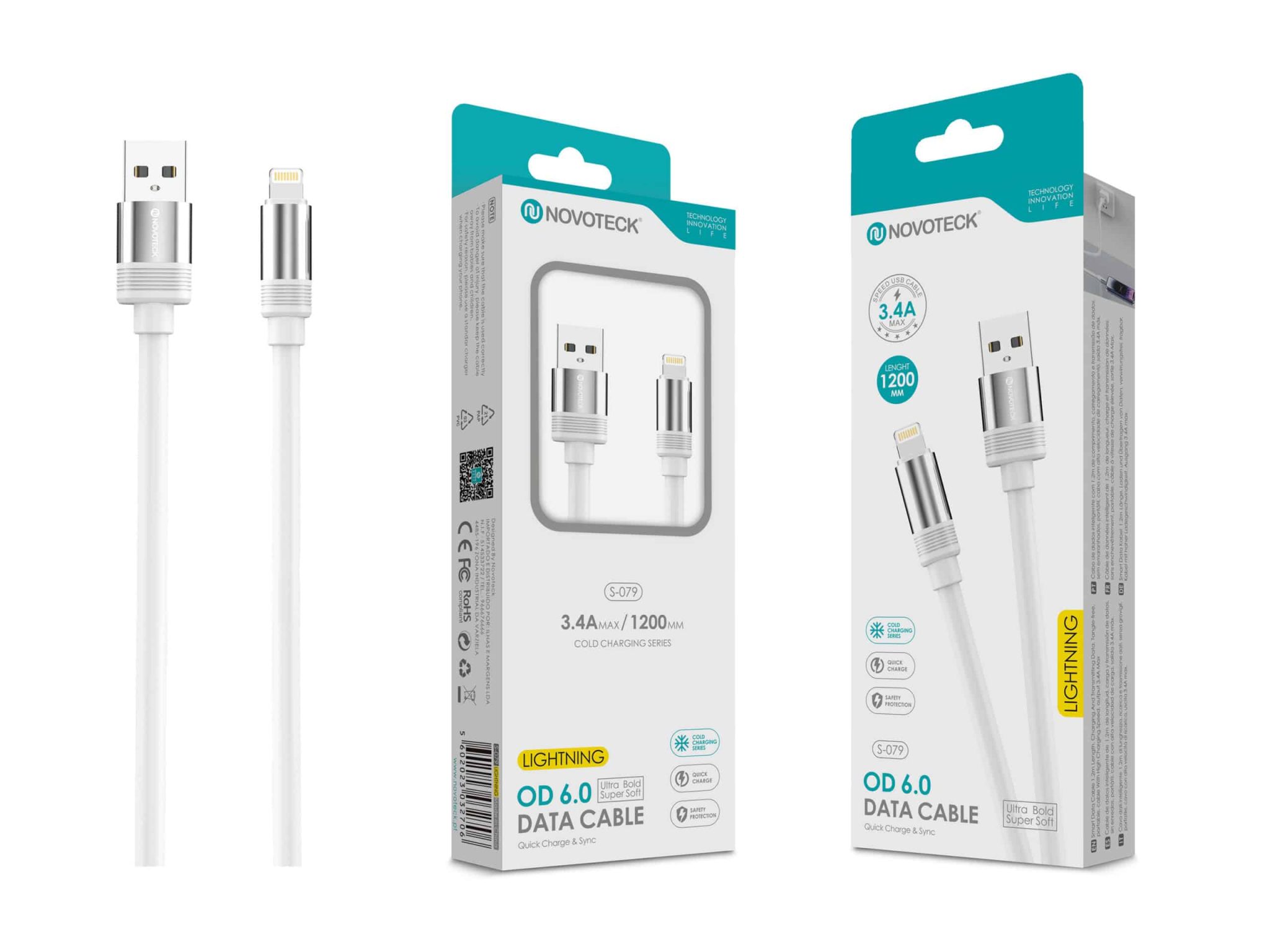 Cabo de Dados Lightning 3.4A,1.2m,OD 6.0 Super Grosso,Branco,Alta Durabilidade S-079