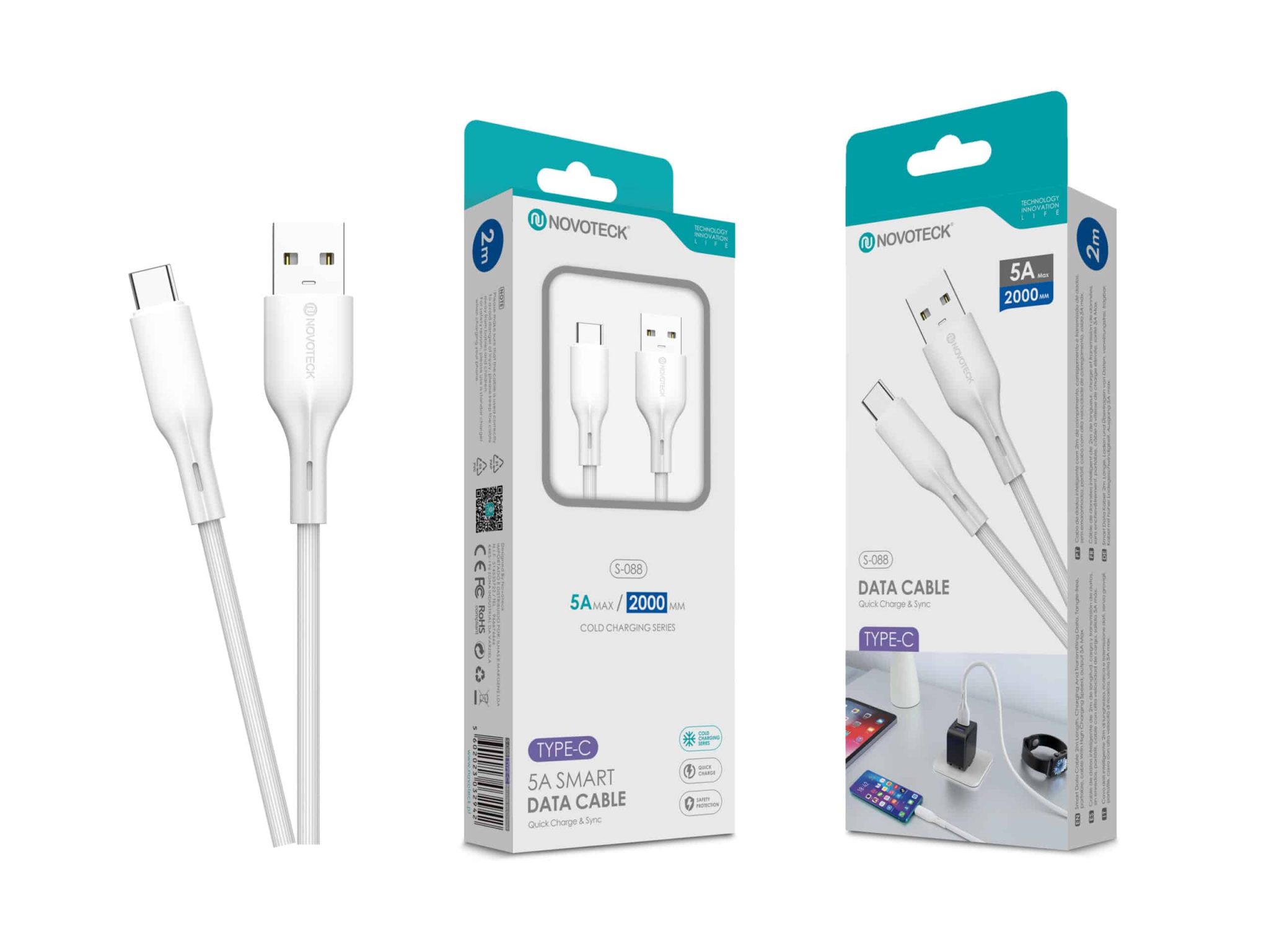 Cabo de Dados Type-C Branco 2M,5A, S-088