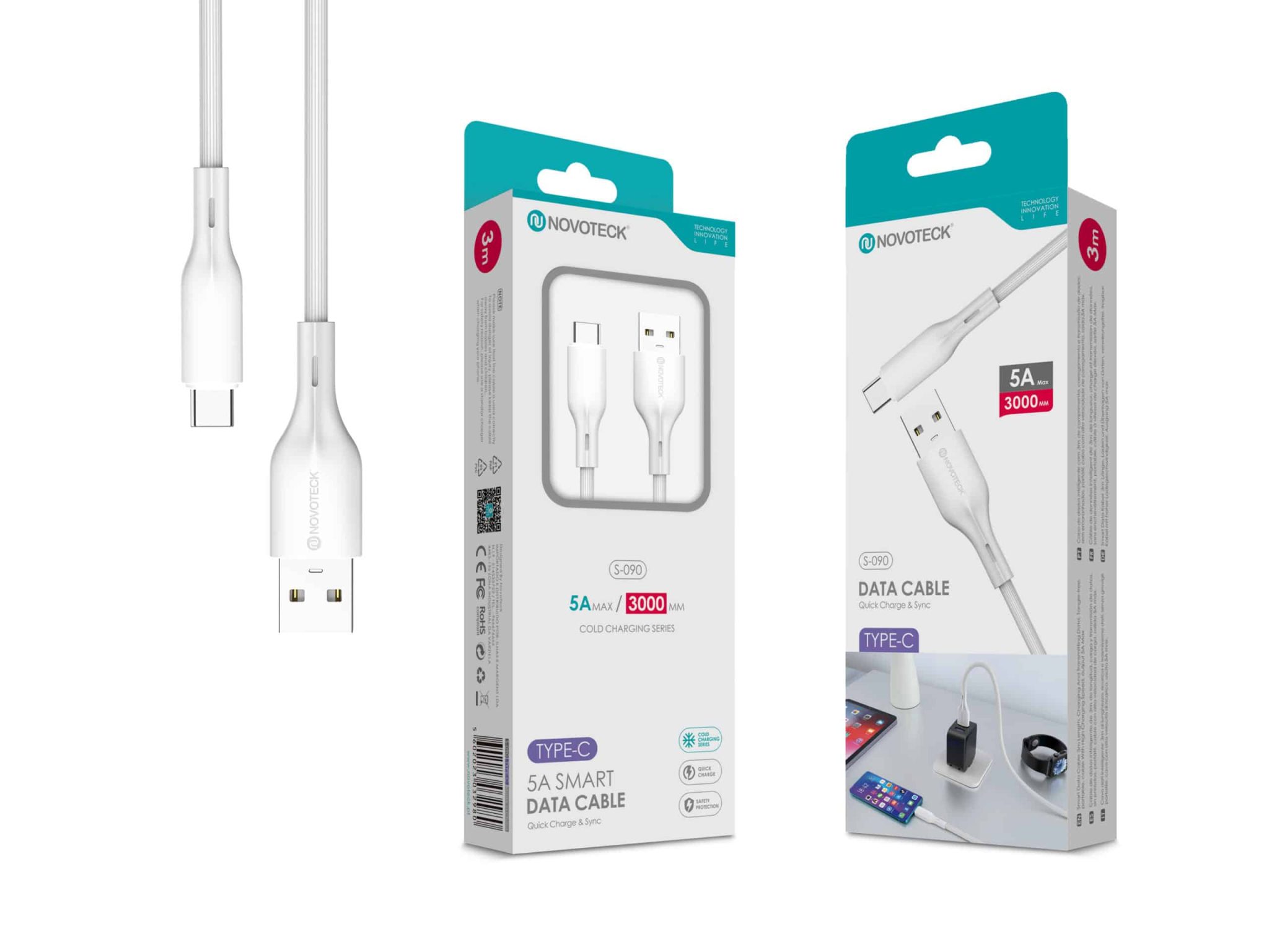 Cabo de Dados Fast Charge 5A PVC Macaron Design - Branco , Type-C USB , 3.0M