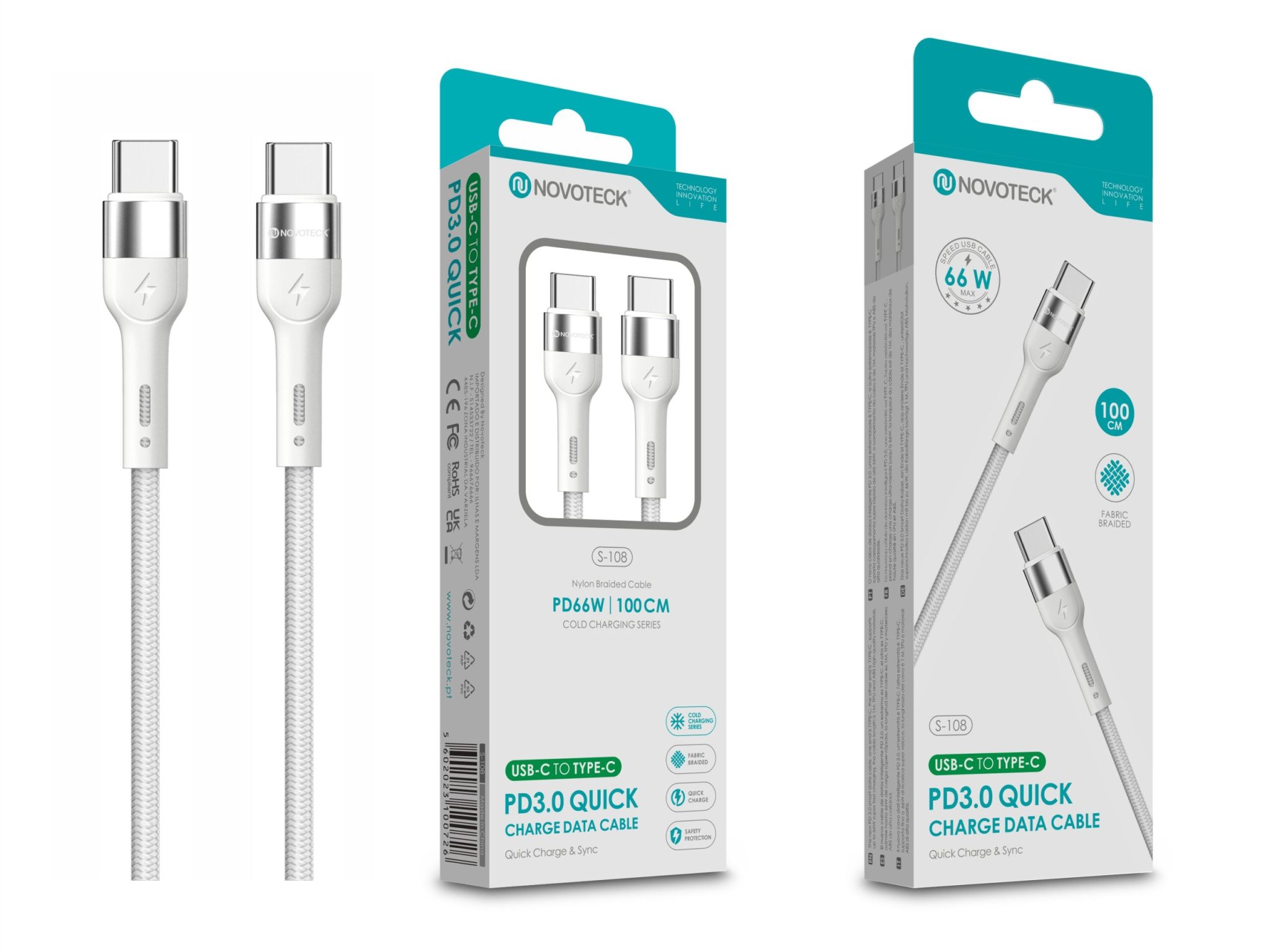 Cabo USB-C para USB-C NOVOTECK S-108 - PD 3.0 Quick Charge,66W,100cm,Branco,Trançado em Nylon
