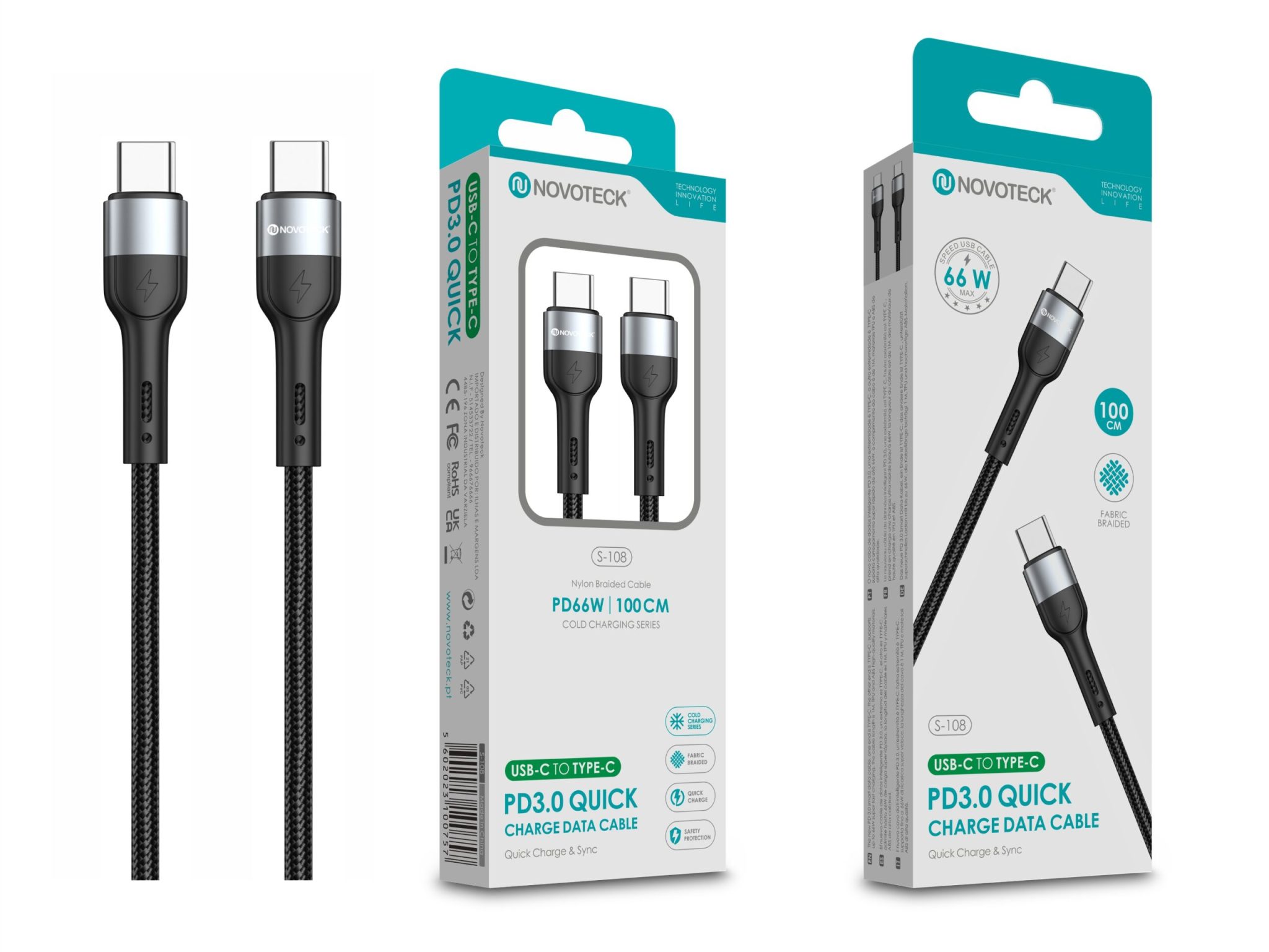 Cabo USB-C para USB-C NOVOTECK S-108 - PD 3.0 Quick Charge,66W,100cm,Negro,Trançado em Nylon