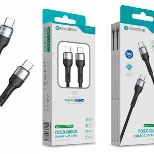 RDP7321 Cabo USB-C para USB-C NOVOTECK S-109 PD 3.0 Quick Charge,66W,200cm,Negro,Trançado em Nylon