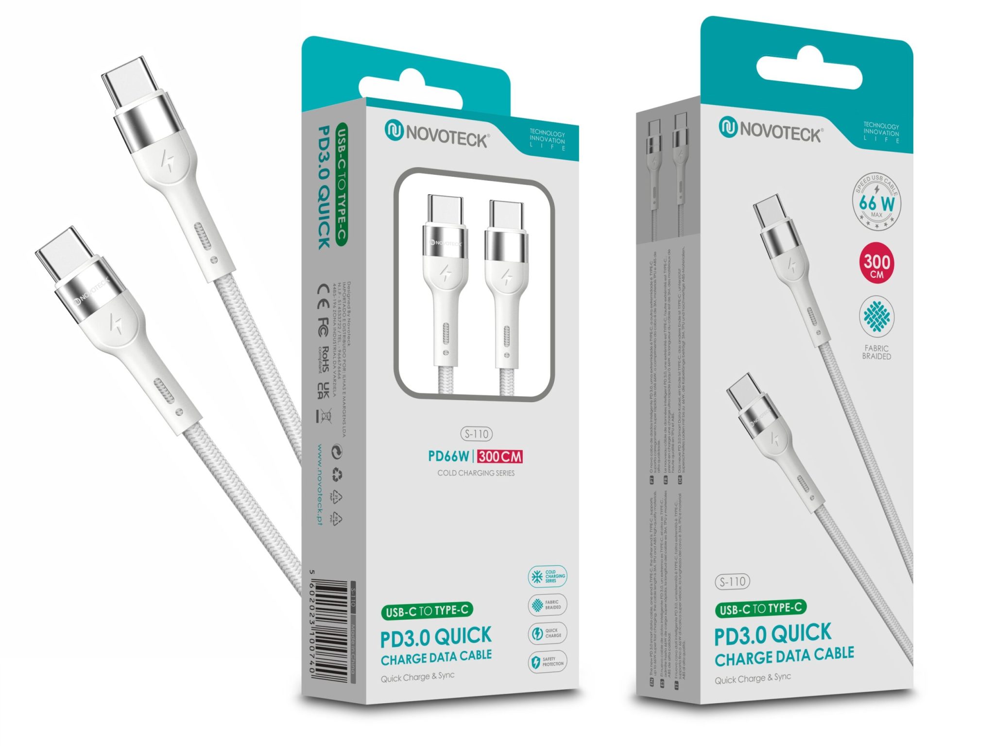 Cabo de Dados Trançado Nylon 3.1A Carregamento Rápido - Branco , USB-C to Type-C , 3.0M