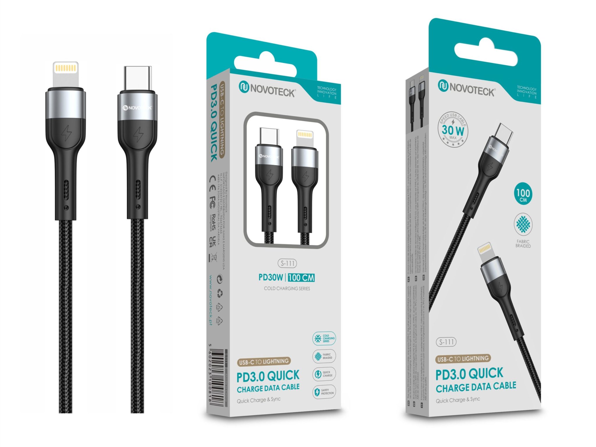 Cabo USB-C para Lightning NOVOTECK S-111 - PD 3.0, 30W, Negro,100cm,Trançado em Nylon