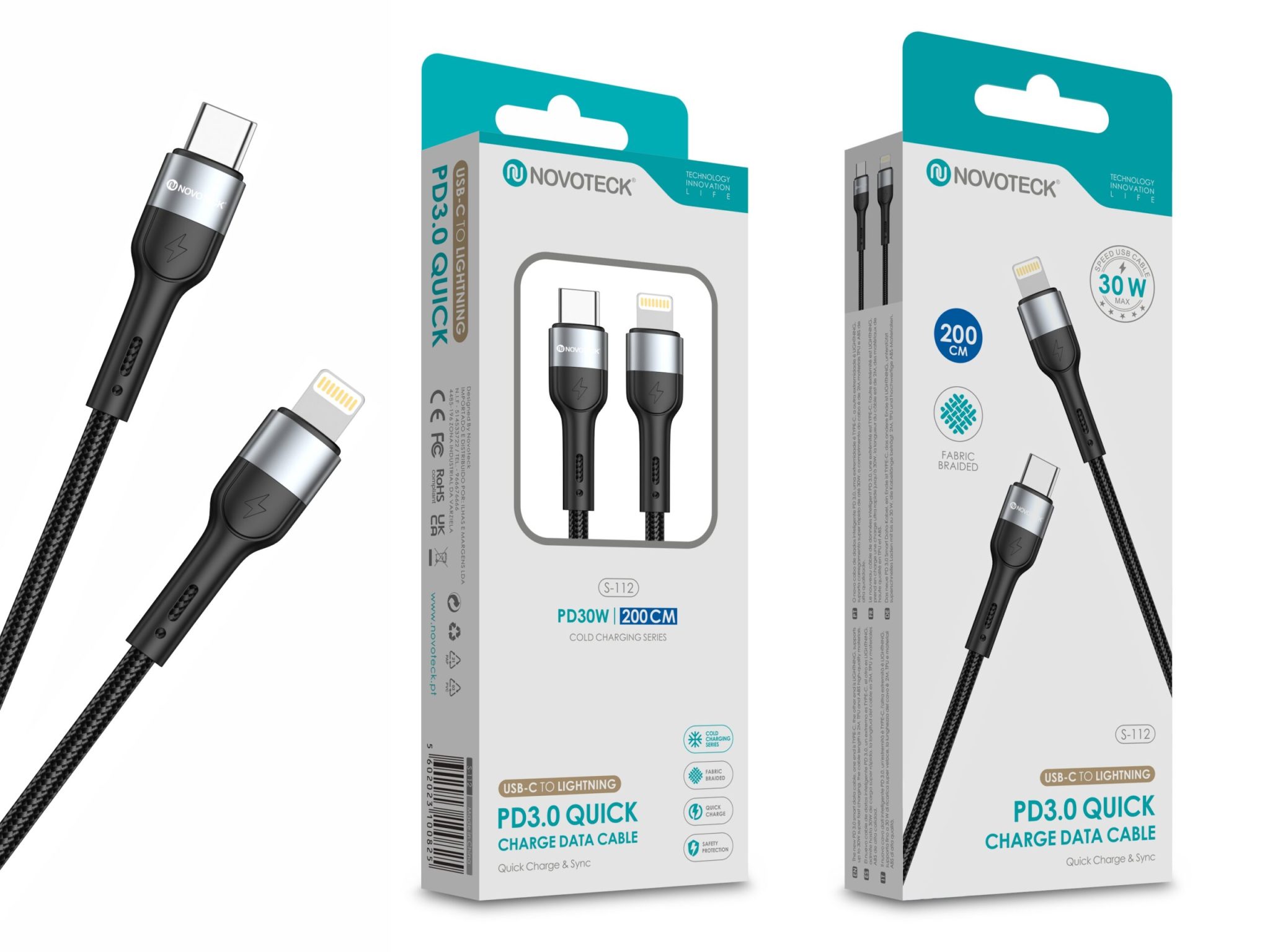 Cabo USB-C para Lightning NOVOTECK S-112 - PD 3.0, 30W, Negro,200cm,Trançado em Nylon