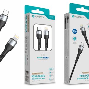Cabo de Dados Trançado Nylon 3.1A Carregamento Rápido - Negro , USB-C to Lightinig , 2.0M