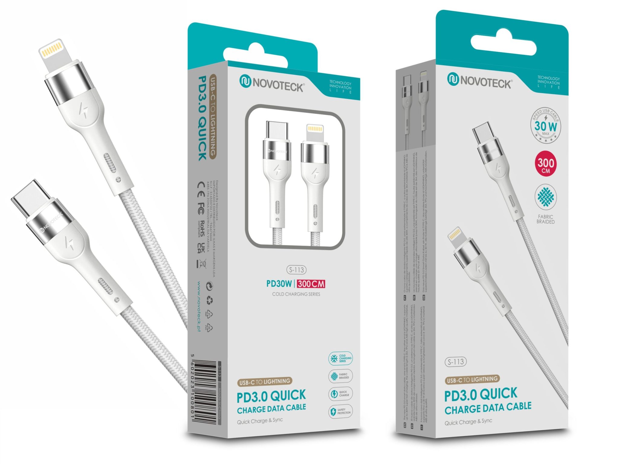Cabo de Dados Trançado Nylon 3.1A Carregamento Rápido - Branco , USB-C to Lightinig , 3.0M
