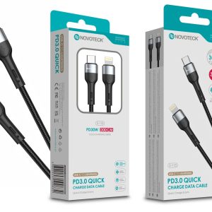 Cabo de Dados Trançado Nylon 3.1A Carregamento Rápido - Negro , USB-C to Lightinig , 3.0M