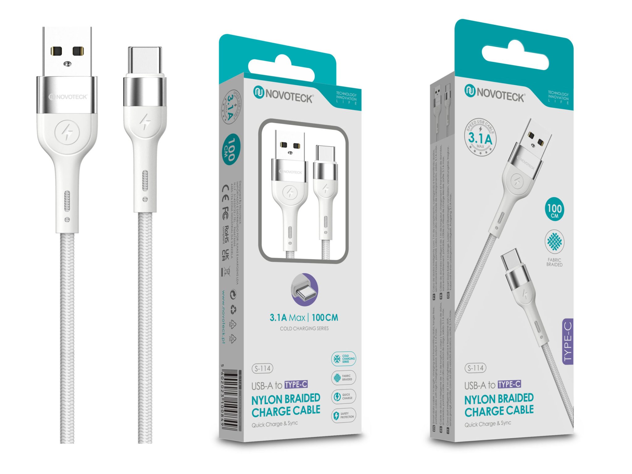 Cabo Type-C NOVOTECK S-114 - Nylon Trançado, 3.1A, 100cm,Branco