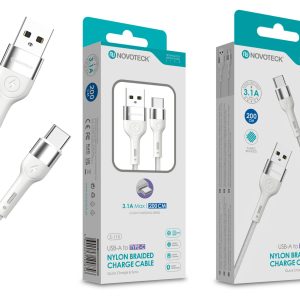 Cabo Type-C NOVOTECK S-115 - Nylon Trançado, 3.1A, 200cm,Branco