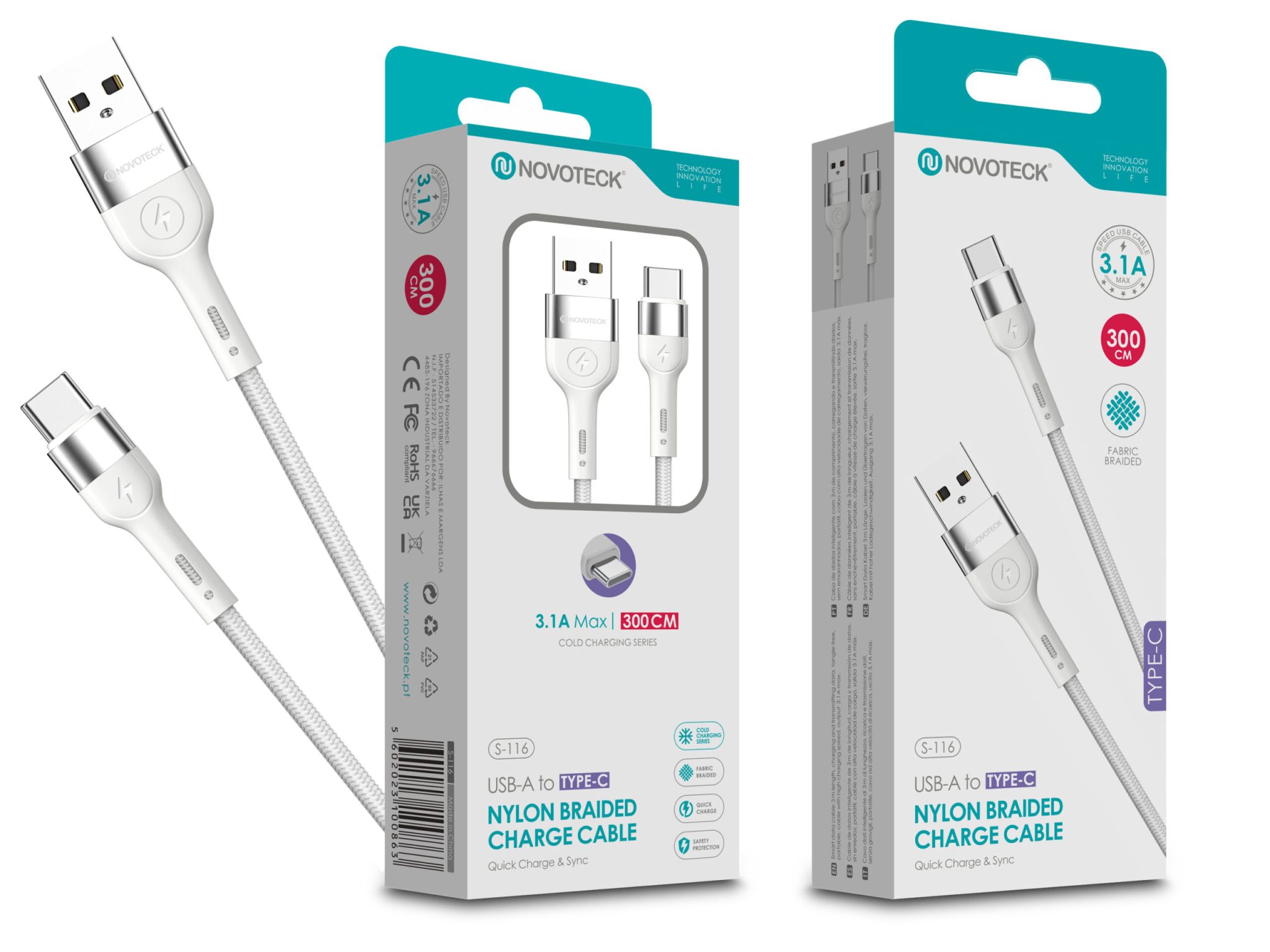 Cabo de Dados Trançado Nylon 3.1A Carregamento Rápido - Branco , Type-C USB , 3.0M