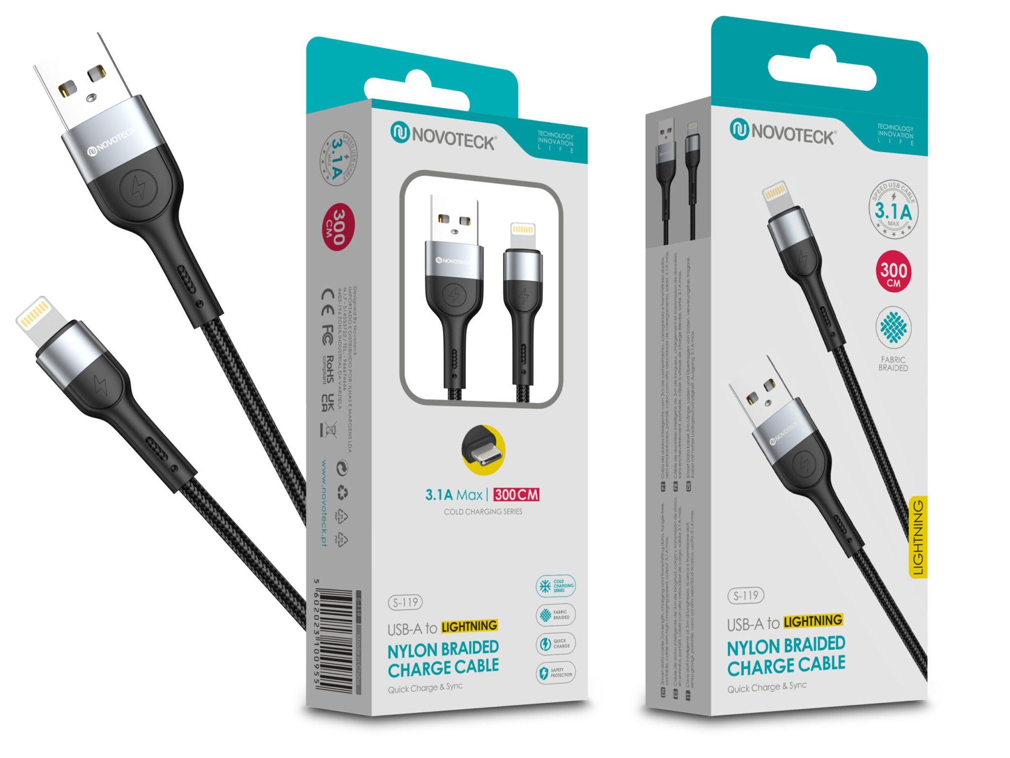 Cabo de Dados Trançado Nylon 3.1A Carregamento Rápido - Negro , Lightning USB , 3.0M