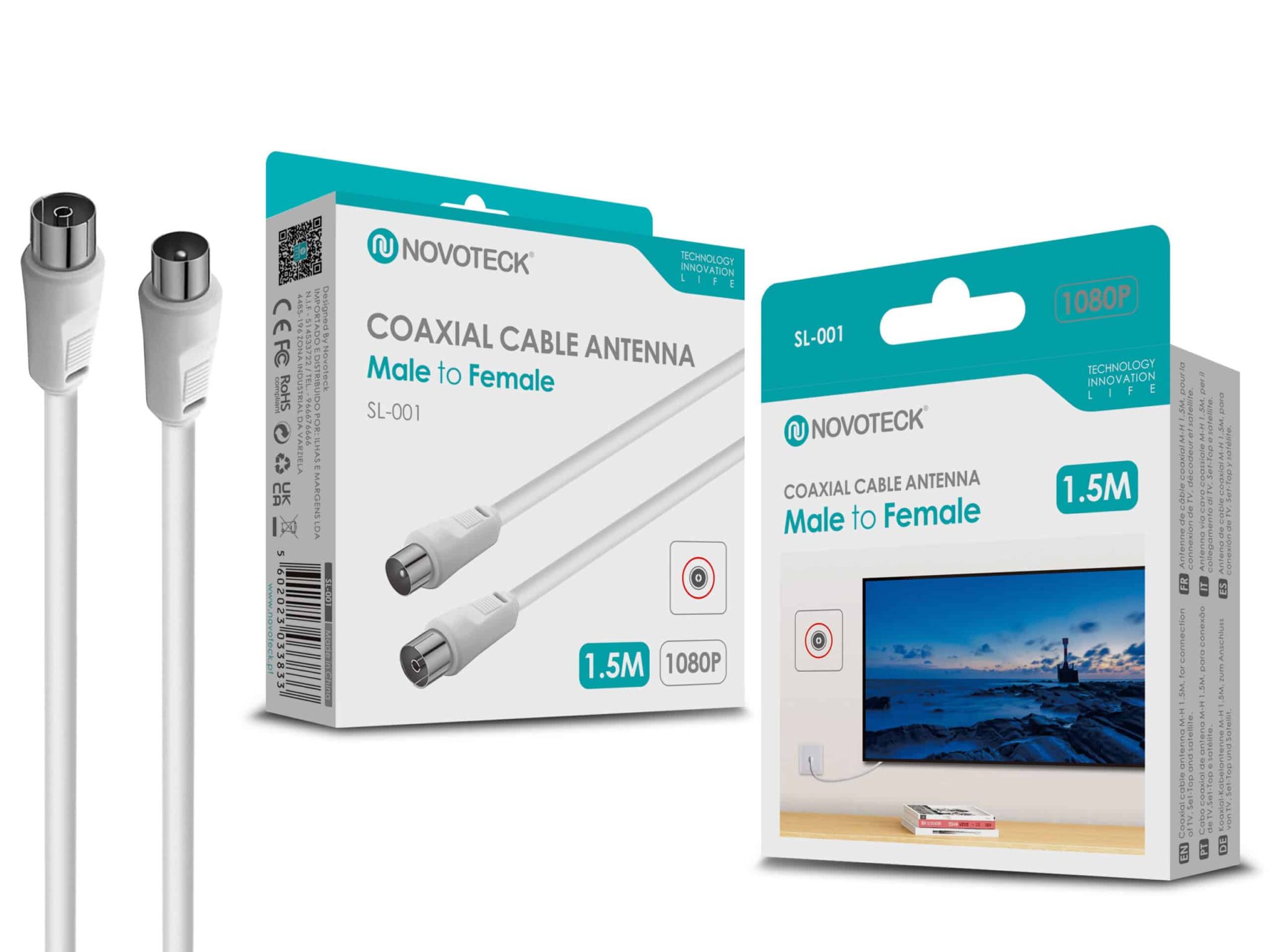 Cabo Coaxial de Antena Novoteck SL-001 - Macho para Fêmea, 1,5m