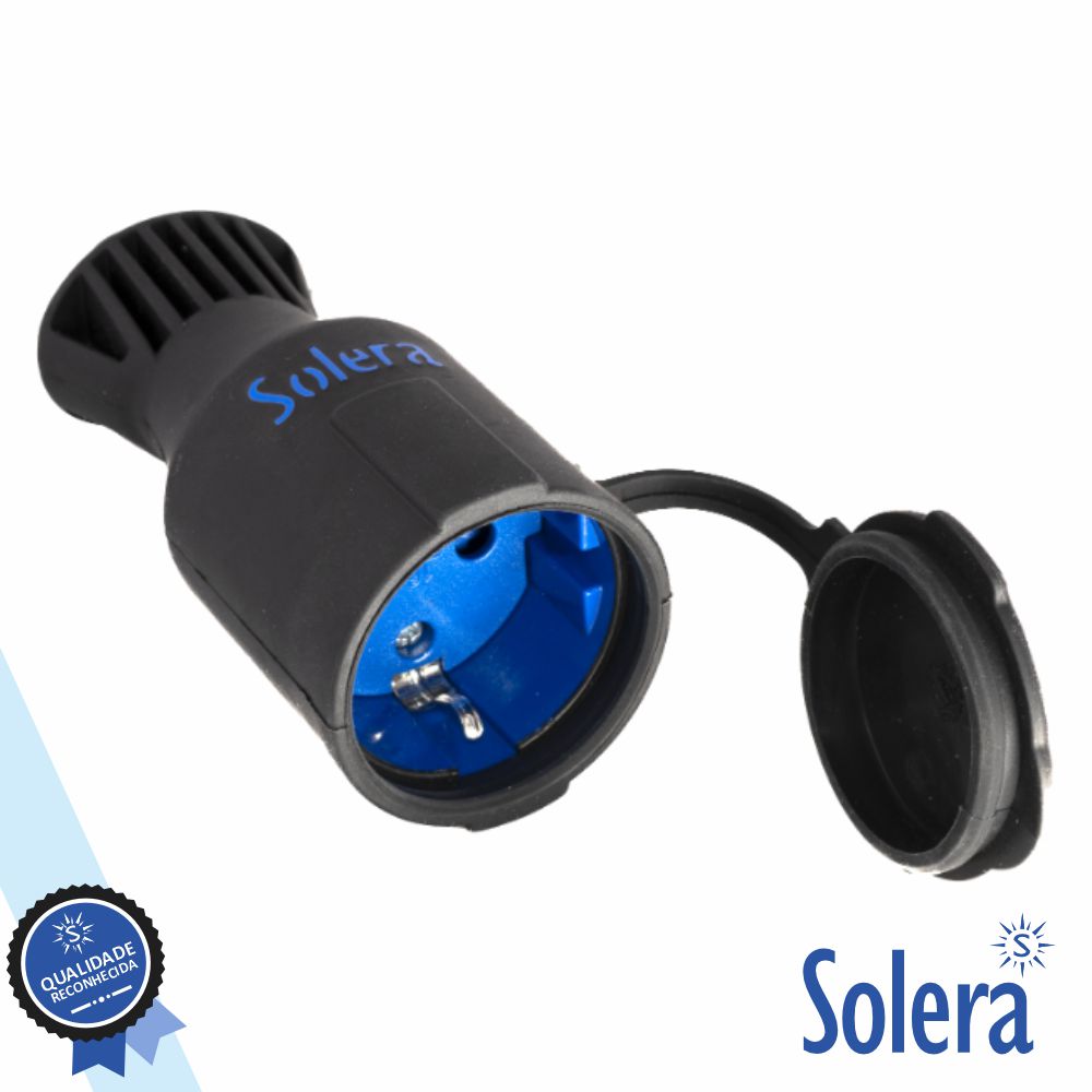 Ficha Schuko Fêmea 16A/250V C/ Tampa IP44 Preto SOLERA