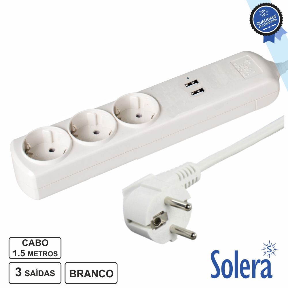 TOMADA ELÉTRICA C/ 3 SAÍDAS 1.5M 2USB 2.1A SOLERA