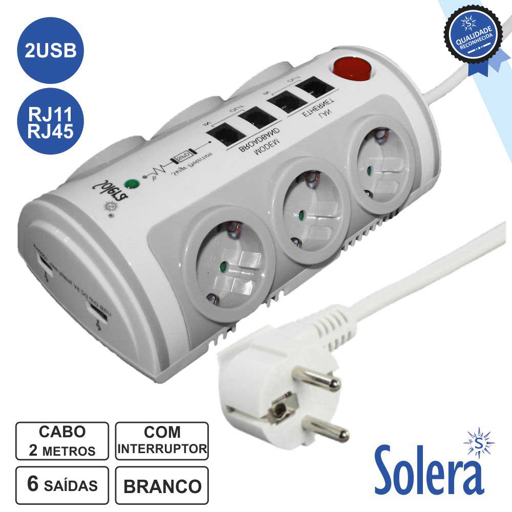 TOMADA ELÉTRICA C/ 6 SAÍDAS INTERRUPTOR RJ11/45/2USB SOLERA