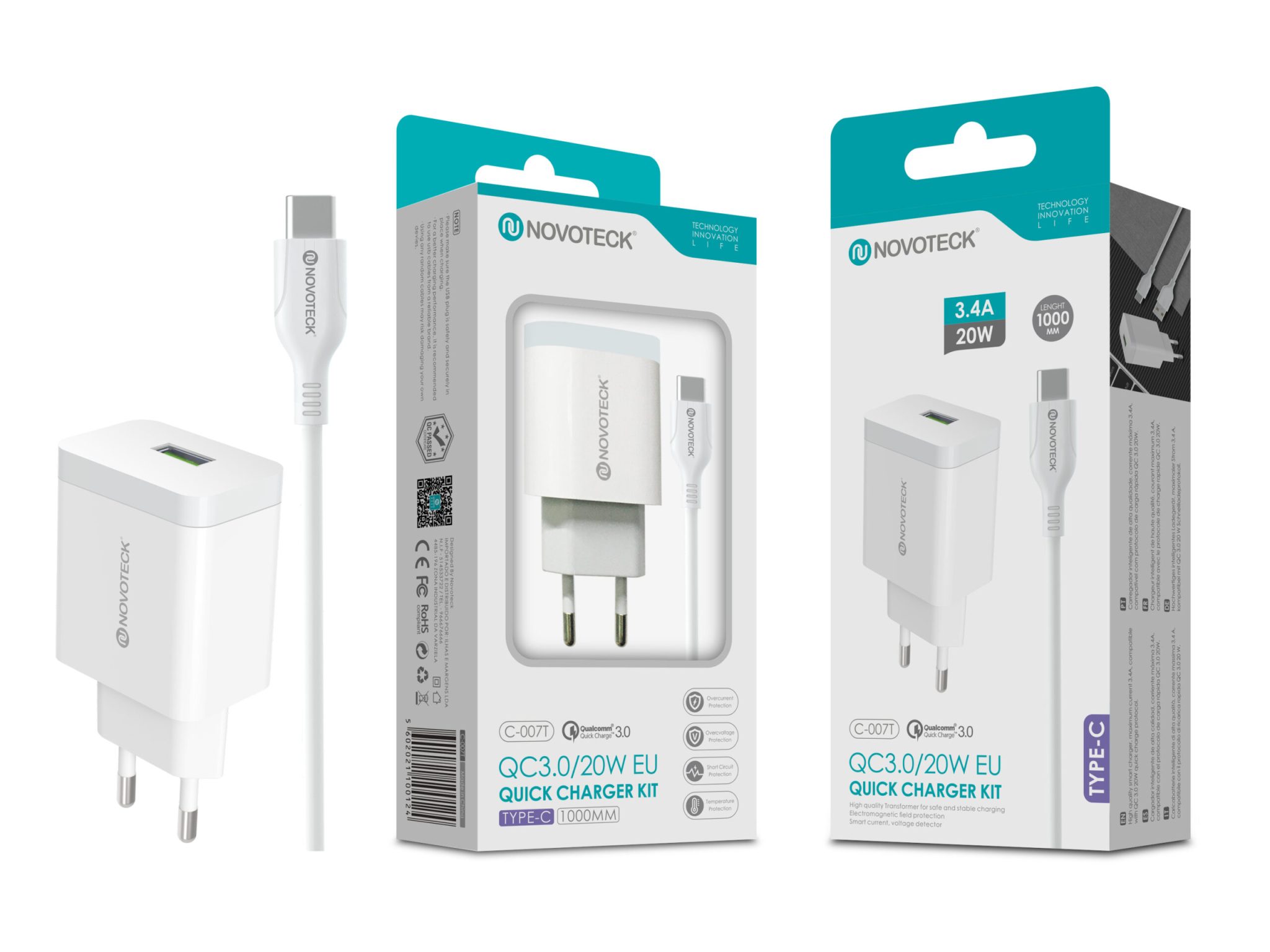 Carregador com Cabo Type-C QC 3.0 20W 3.4A 1 USB NOVOTECK C-007T