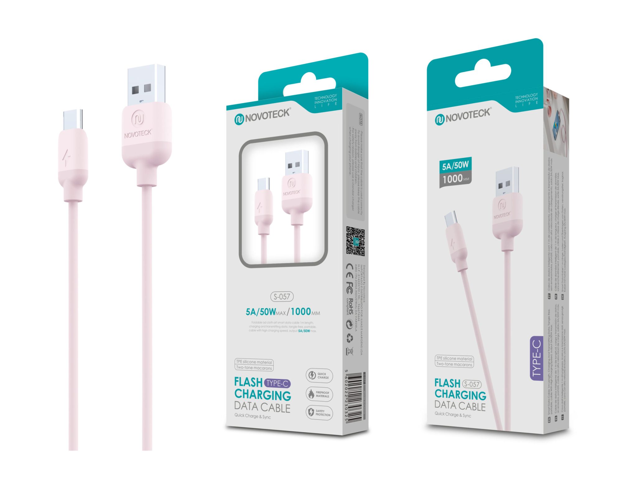 Cabo Type-C Cor Rosa 5A 50W 1M S-057 Silicone TPE