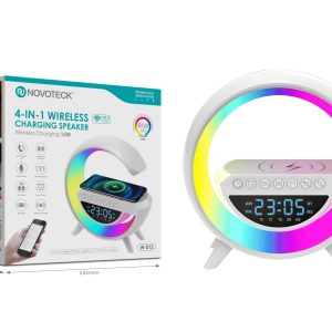 RDP7417 Alto-Falante Wireless 4-em-1 Novoteck W-012 – Carregador 15W, Relógio, Bluetooth, Luz RGB