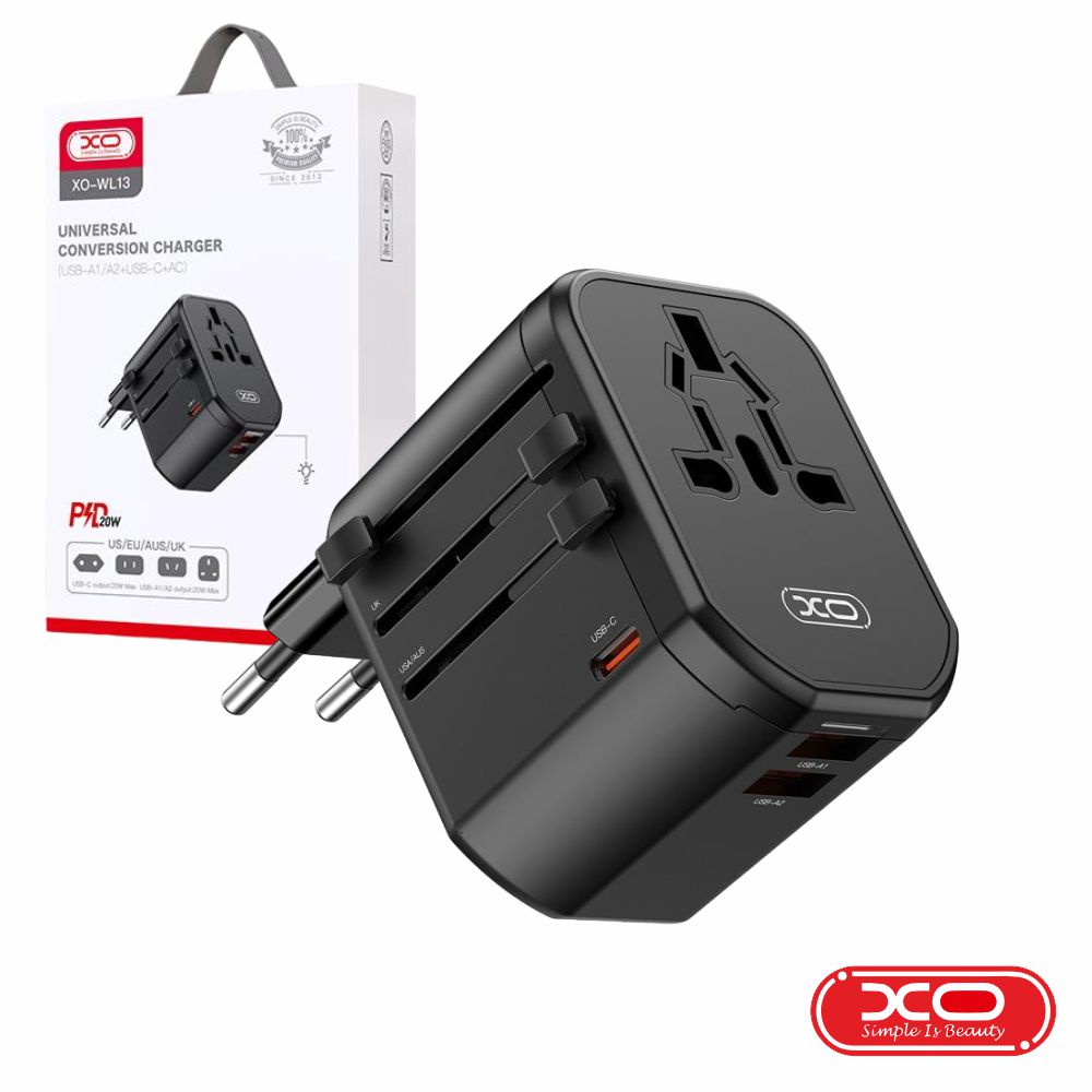 Adaptador Viagem Universal PD+QC C/ 2xUSB-A/1xUSB-C 20W XO