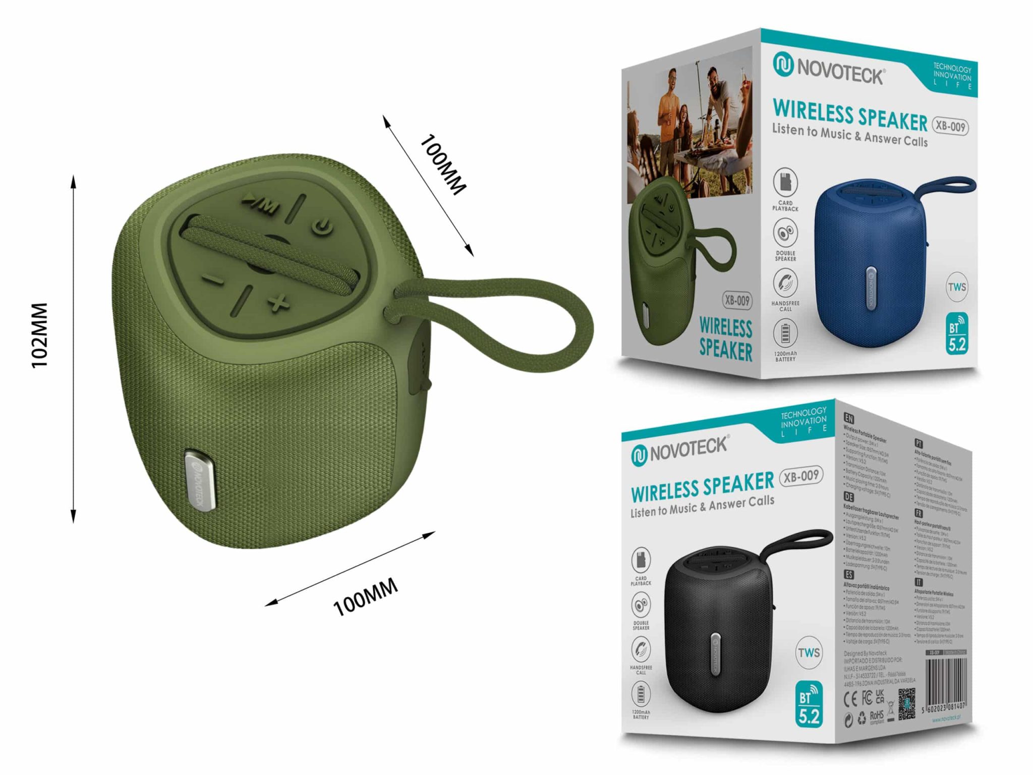 Coluna Portátil NOVOTECK XB-009 Verde– Liberdade Sem Fios e Design Prático para o Dia-a-Dia