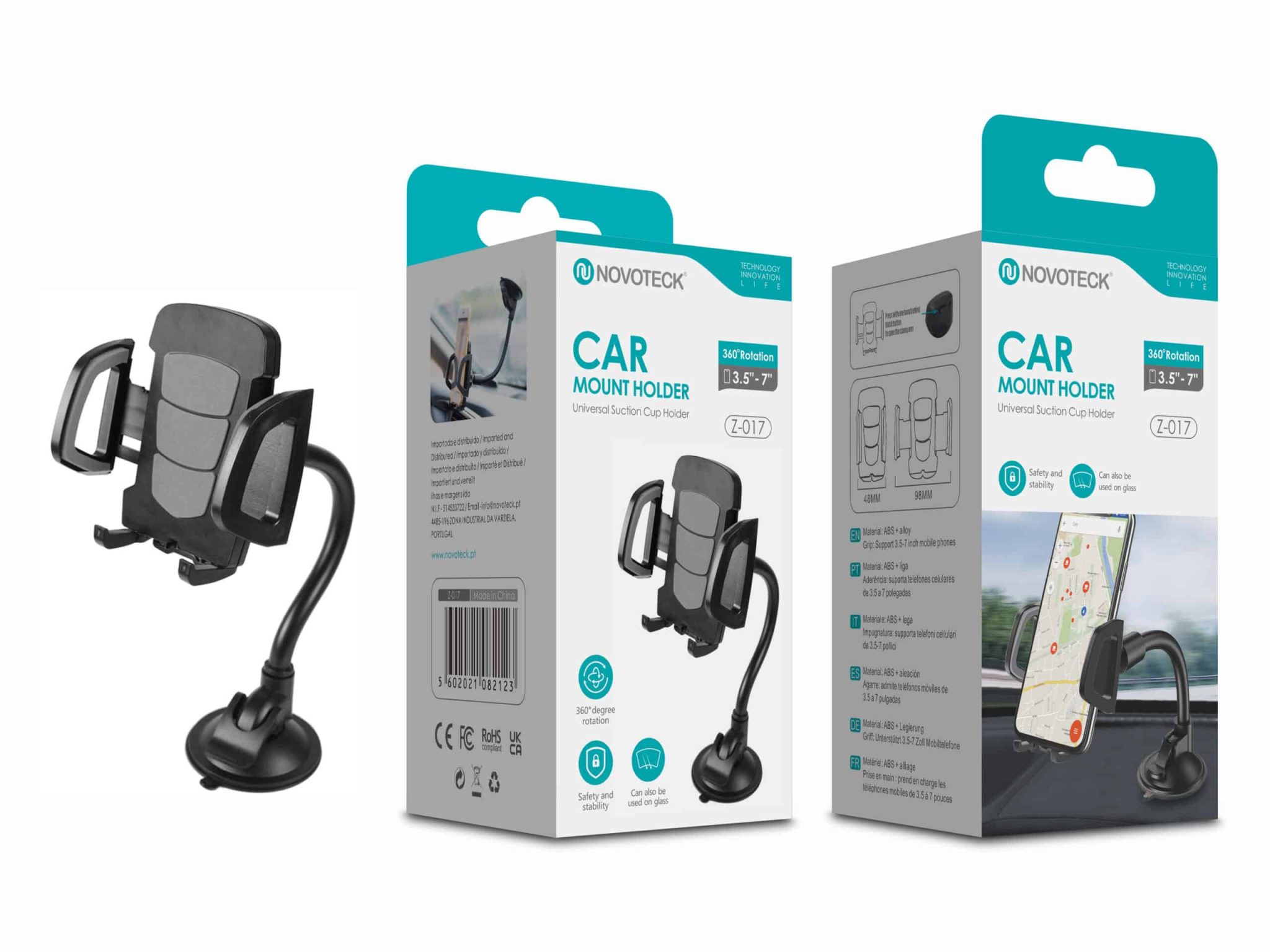 Suporte de Carro Multifuncional Novoteck Z-017 – 3 em 1, Rotação 360º, para Para-Brisa/Console/Saída de Ar, para Telemóveis 3.5'-6.5