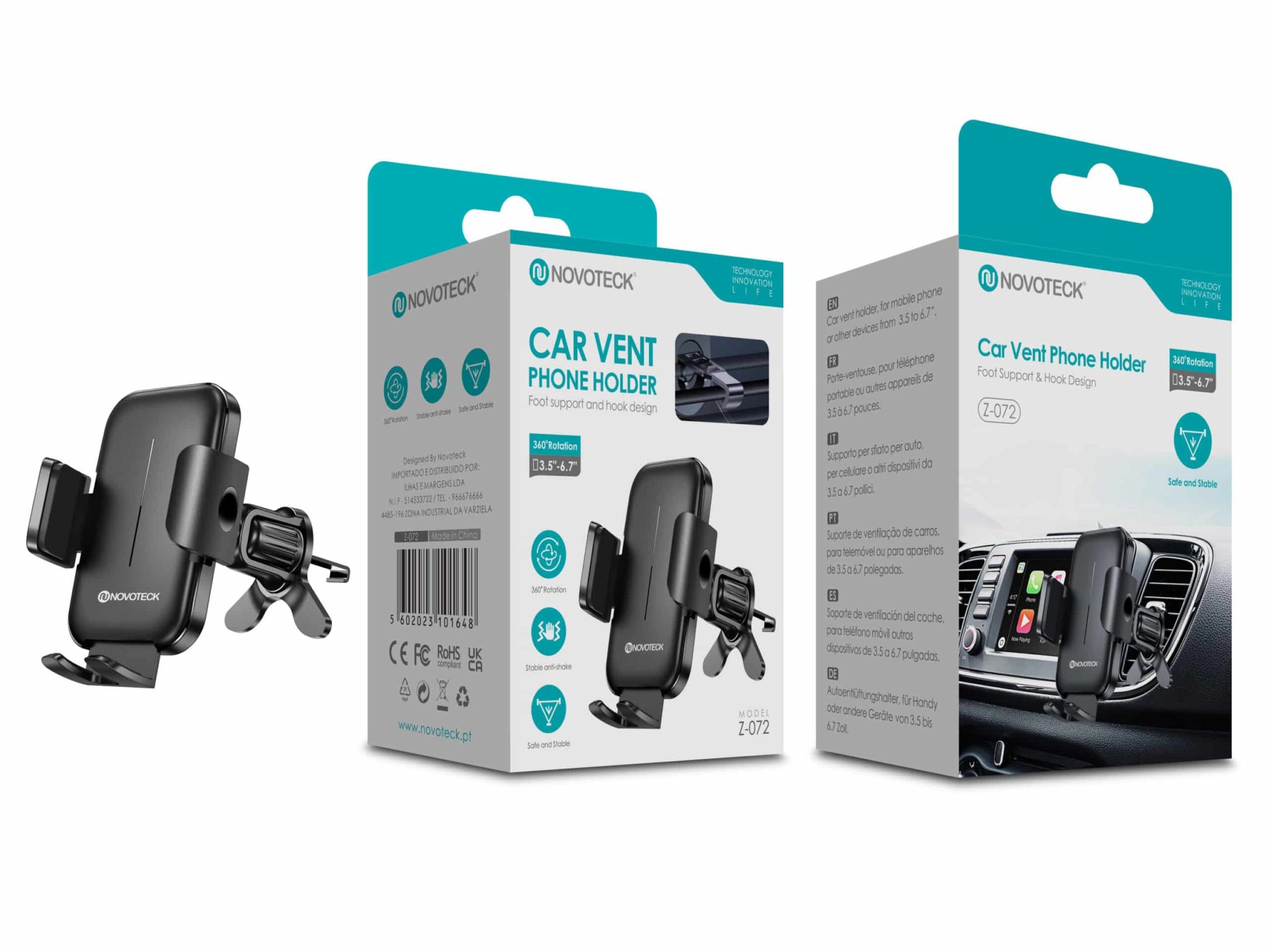 Suporte NOVOTECK Z-072 para Saída de Ar do Carro - Universal, Rotação 360º, para Telemóveis de 3.5"-6.7"