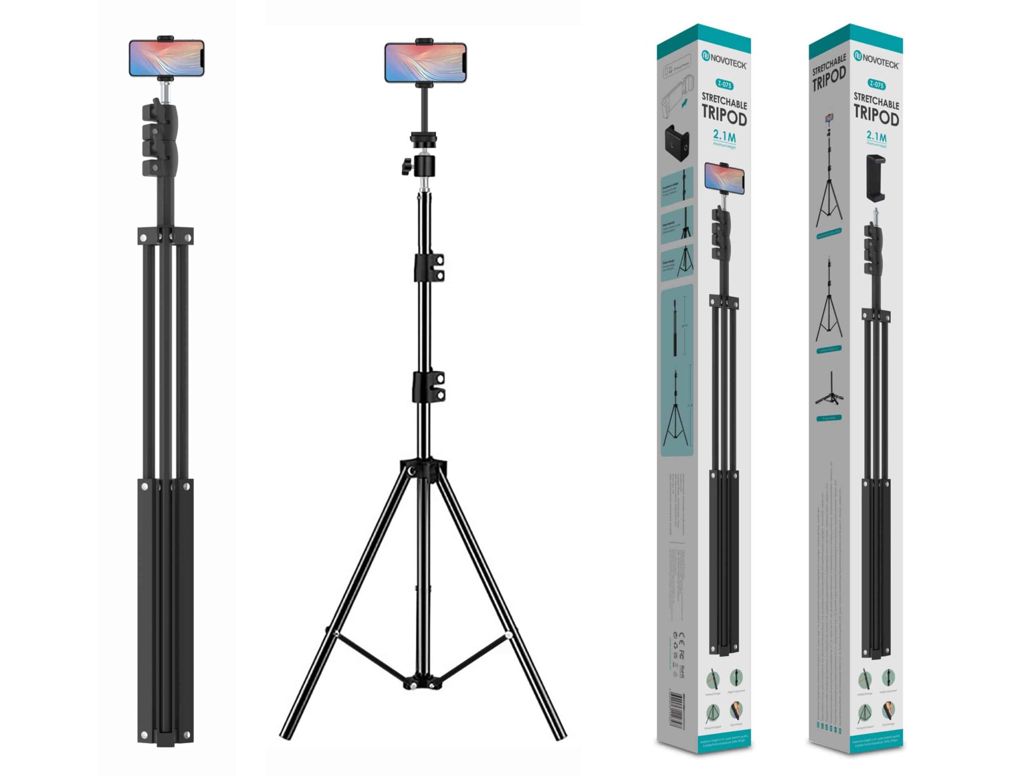 Tripé Extensível Novoteck Z-075– Ajustável até 2,1m, Universal, Portátil e Estável