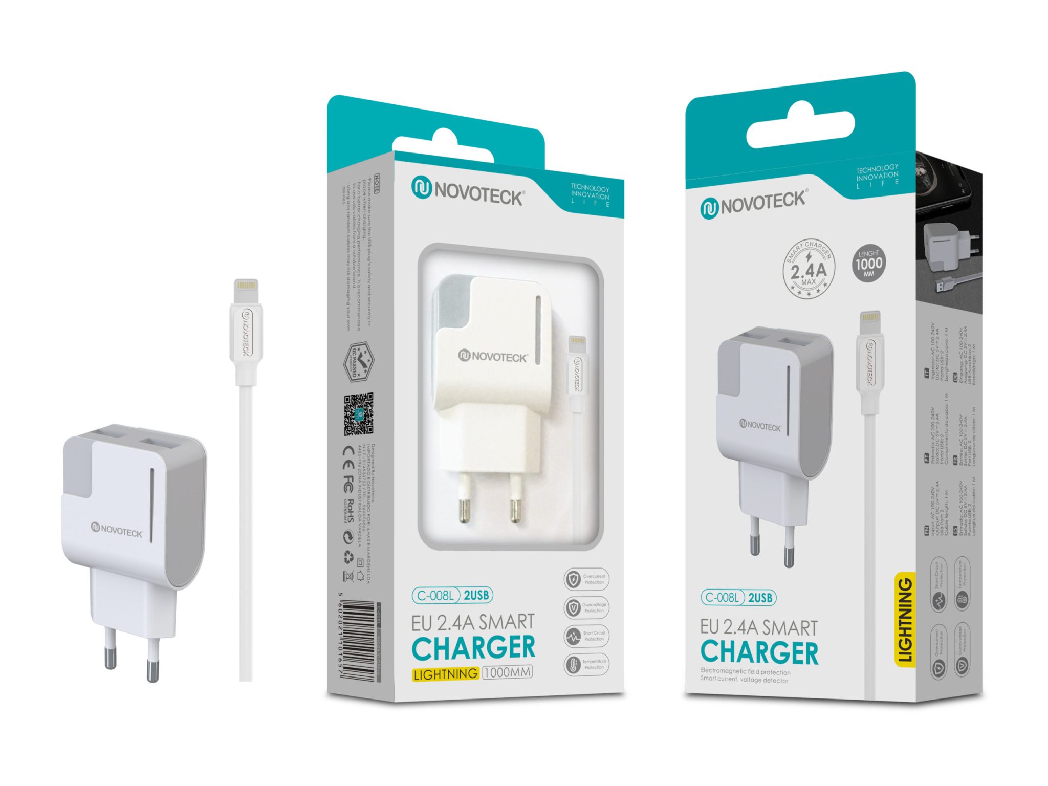 Carregador com Cabo Lightning Branco 2.4A 2 USB Full Compatible C-008L