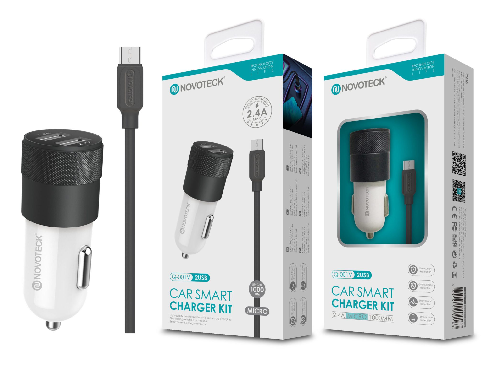 Kit Carregador Automóvel 2.4A 2 USB Negro com Cabo Micro USB Q-001V