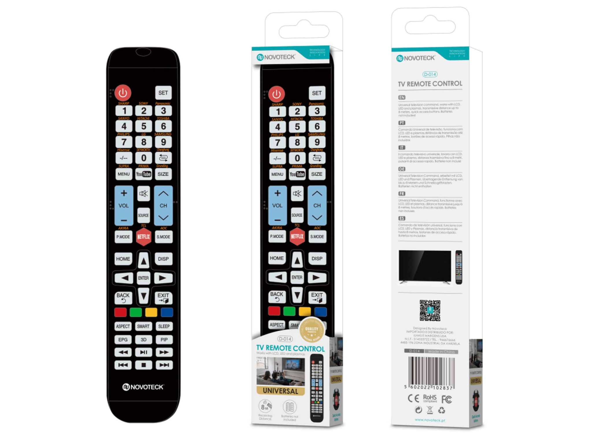 Controle Remoto Universal 15In1 Novoteck D-014 - Compatibilidade Expansiva e Teclas de Atalho para Netflix e YouTube