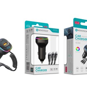 Carregador Veiculo Rápido Novoteck NC-006 com Porta Tipo-C PD 65W e Iluminação RGB