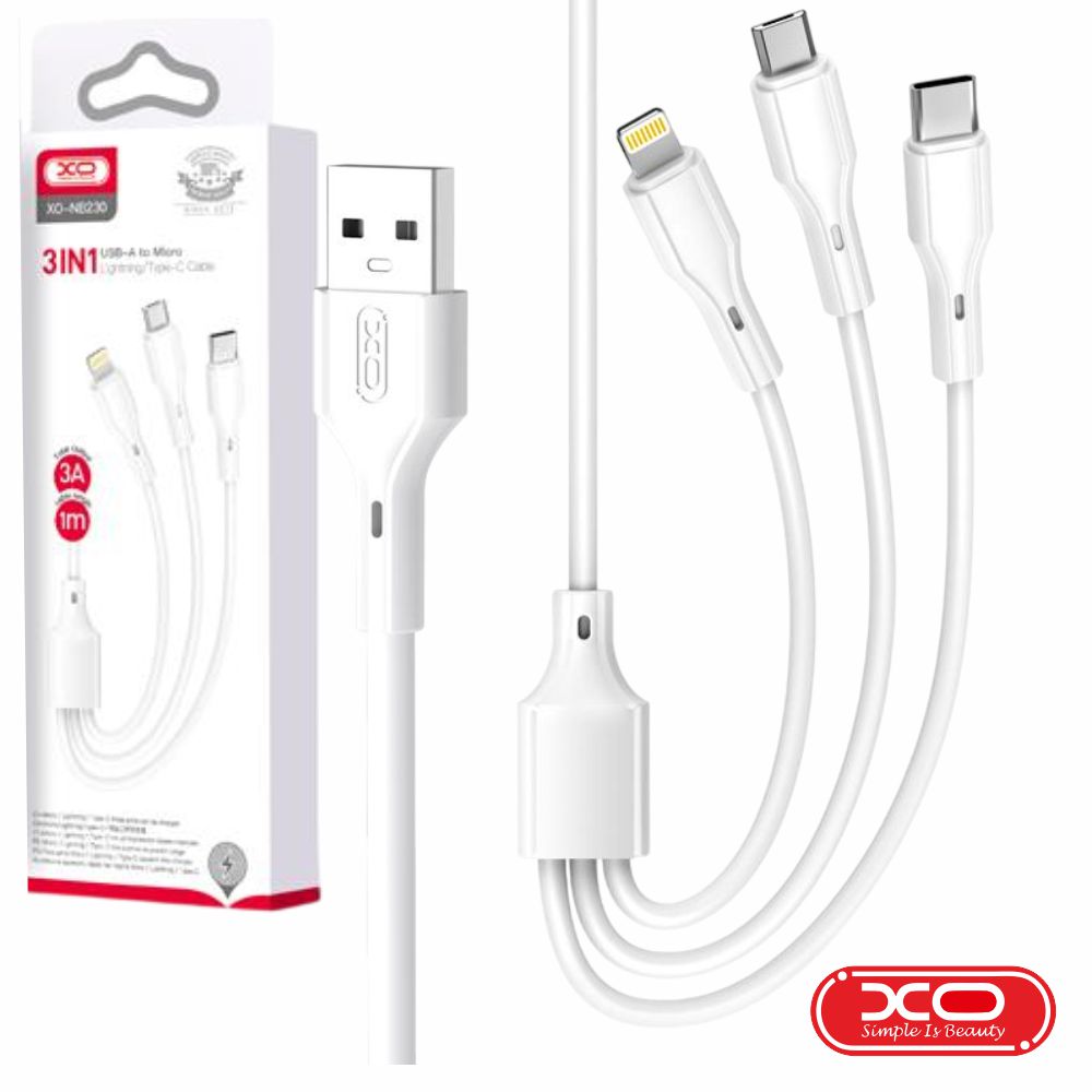 Cabo USB-A Macho P/ MicroUSB/ Lightning/ USB-C 100W 1m XO