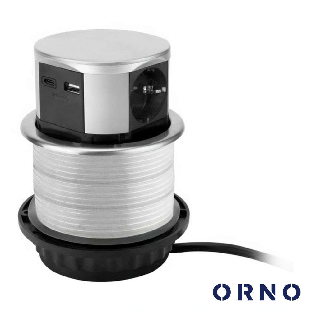 Tomada Elétrica Encastrar 3x Schuko 2x USB Prateado ORNO