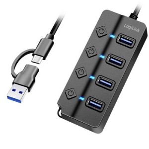 UA0419 Hub USB 3.0 4 portas Logilink 4x USB-A, 2-in-1 cabo USB-C + USB-A