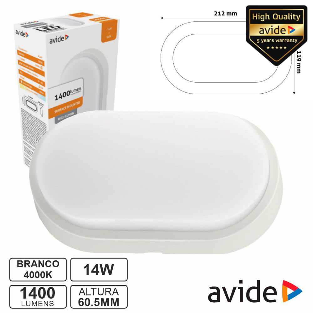 ABBHL-O-14W-NW-HL Aplique LED Oval Superficie 14W 212mm 4000K 1400lm IP54 AVIDE