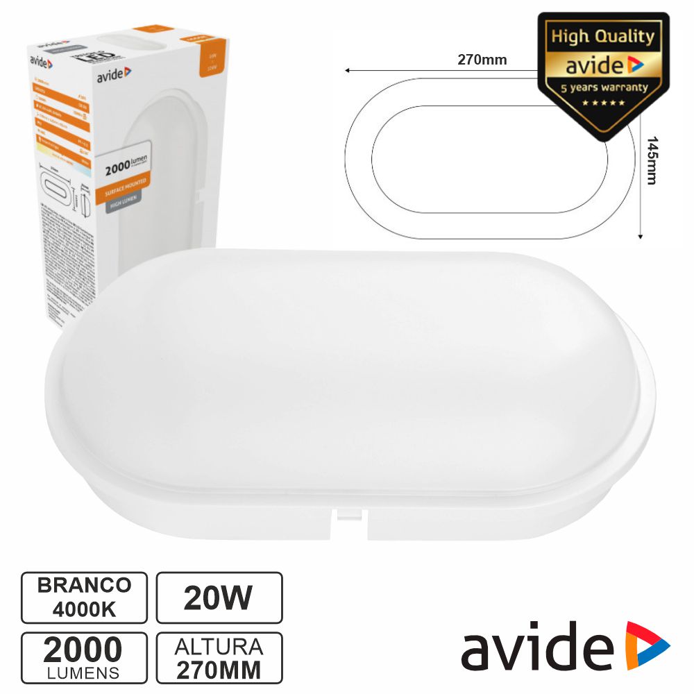 Painel LED Oval Aplique 20W 270mm 4000K 2000lm IP65 AVIDE