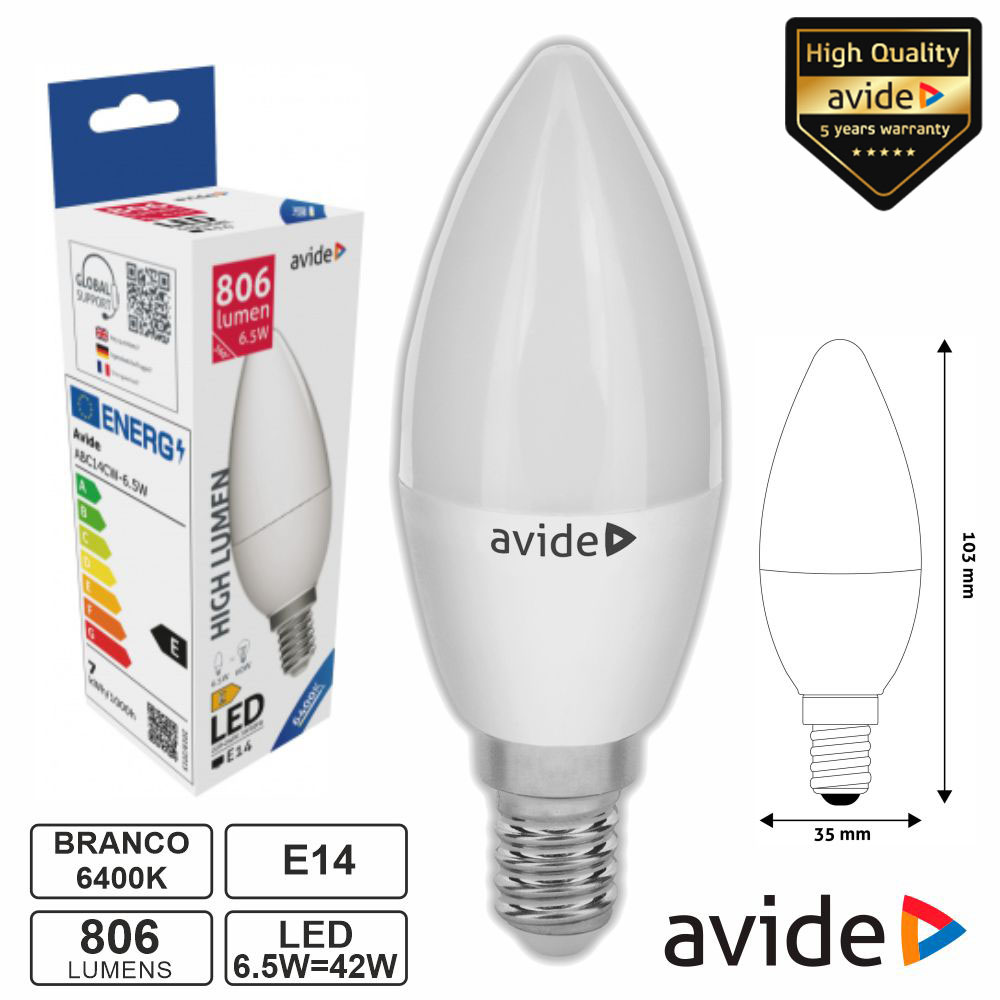 Lâmpada LED E14 Vela 6.5W 230V 6400K 806lm AVIDE