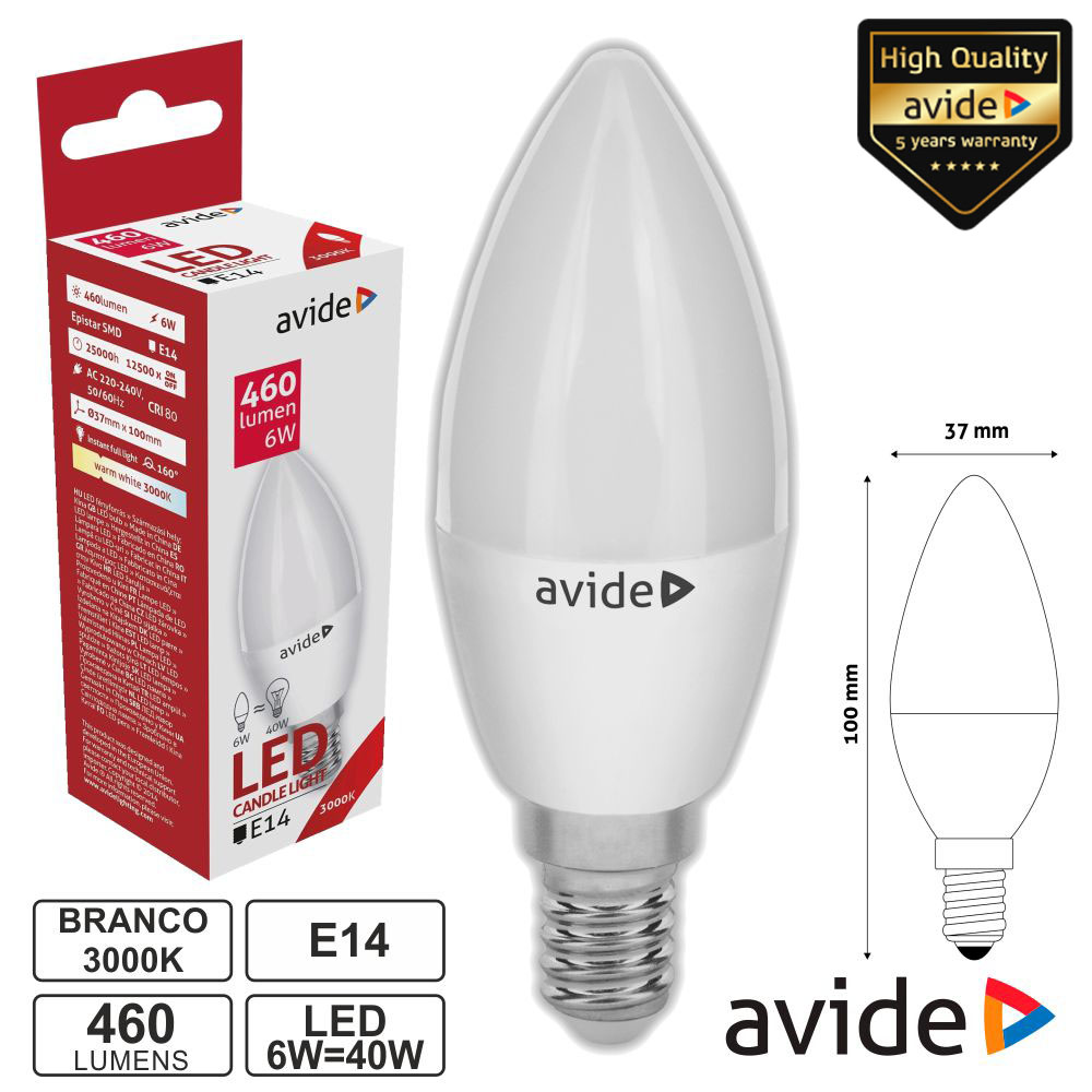 LÂMPADA LED E14 VELA 6W 230V 3000K 460LM AVIDE