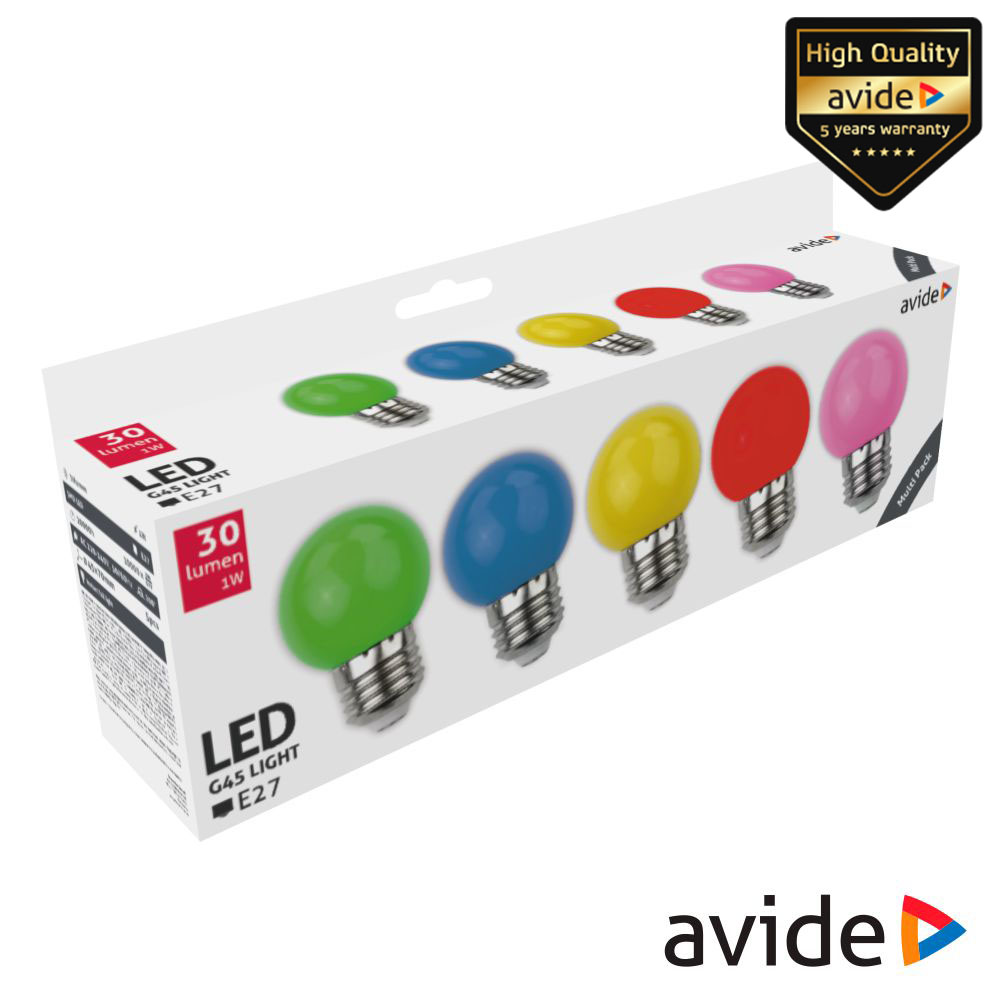 Conjunto 5 Lâmpadas E27 1W LED Globo G45 Cores 30lm AVIDE