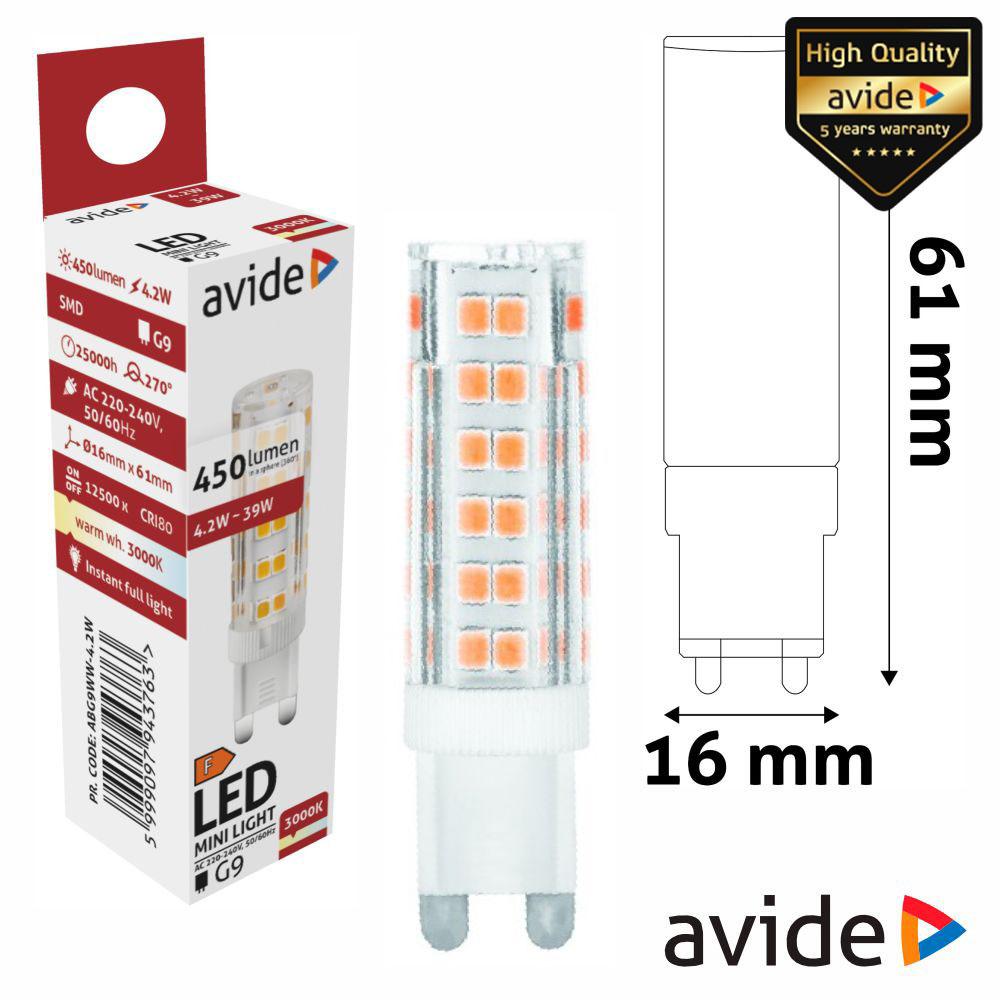 Lâmpada LED G9 4.2W 230V 3000K 450lm AVIDE