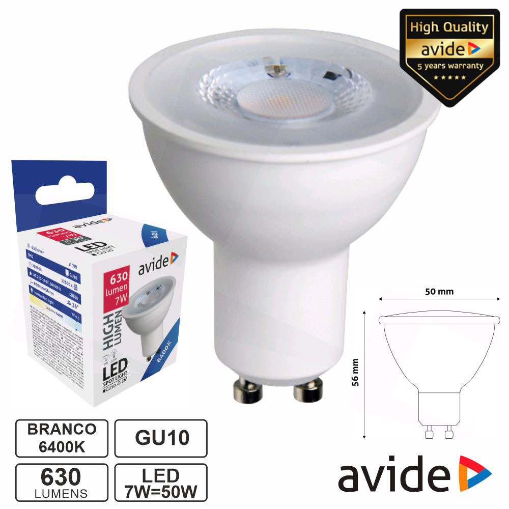 ABGU10CW-7W-NBA Lampada led GU10 SPOT 36º 7W 230V 6400K 630LM Avide