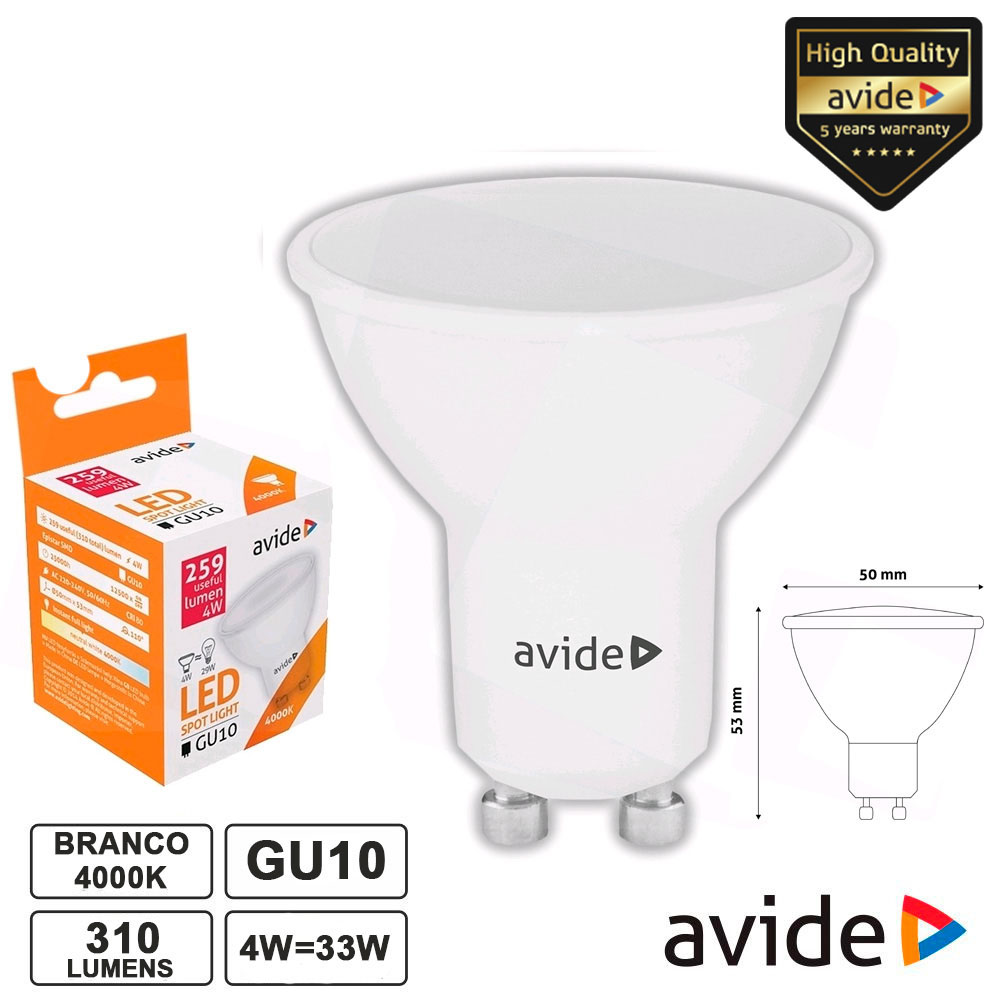 LÂMPADA LED GU10 SPOT 4W 230V 4000K 310LM AVIDE
