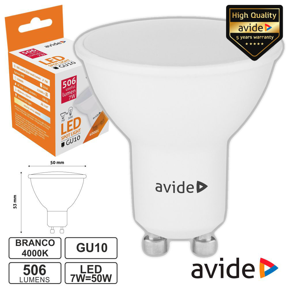 LÂMPADA LED GU10 SPOT 7W 230V 4000K 506LM AVIDE