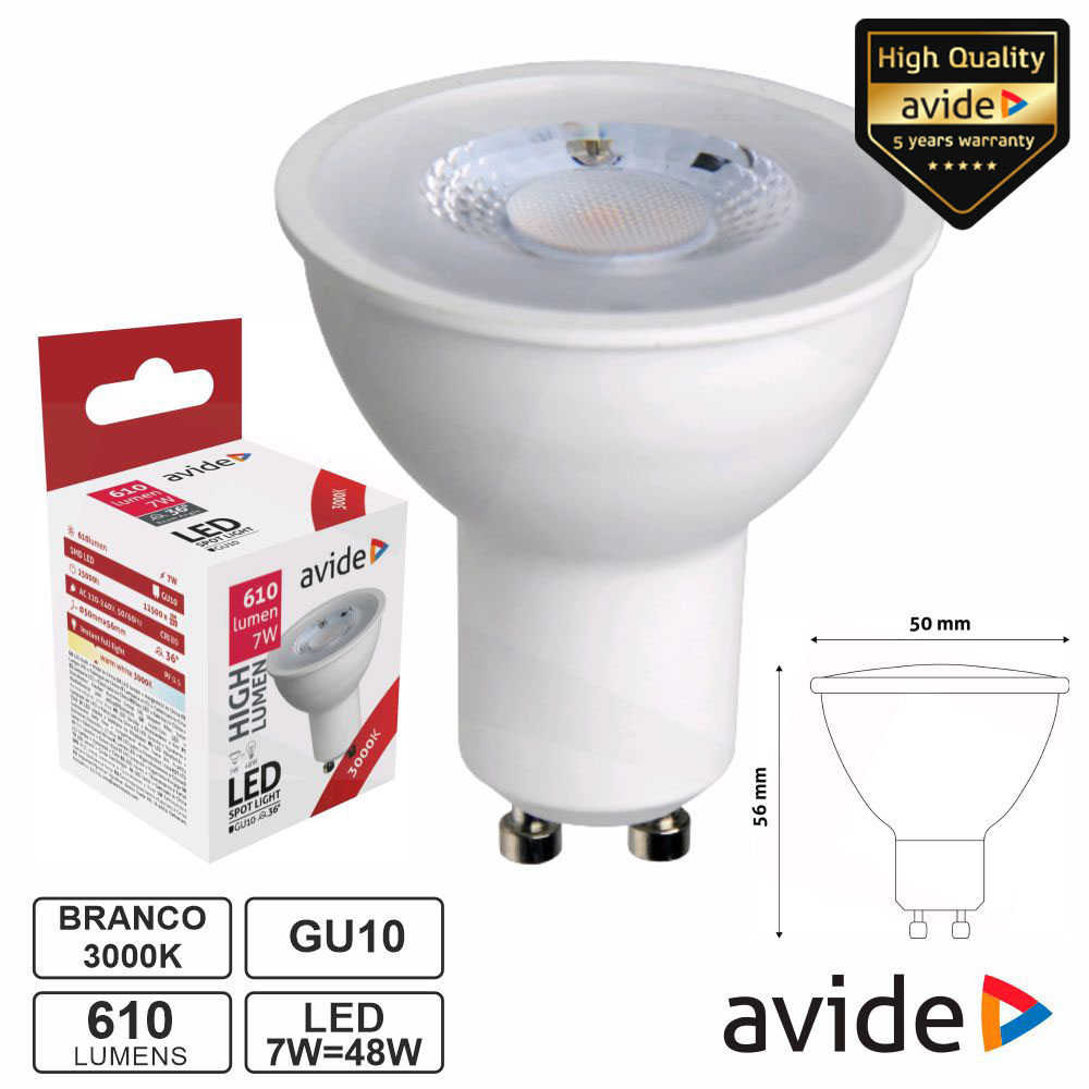 Lâmpada LED GU10 Spot 36º 7W 230V 3000K 610lm AVIDE