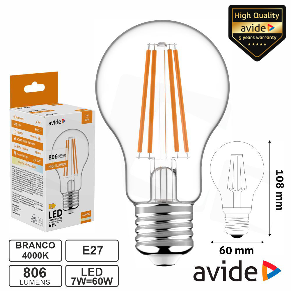 Lâmpada LED E27 Globo Filamento 7W 230V 4000K 806lm AVIDE