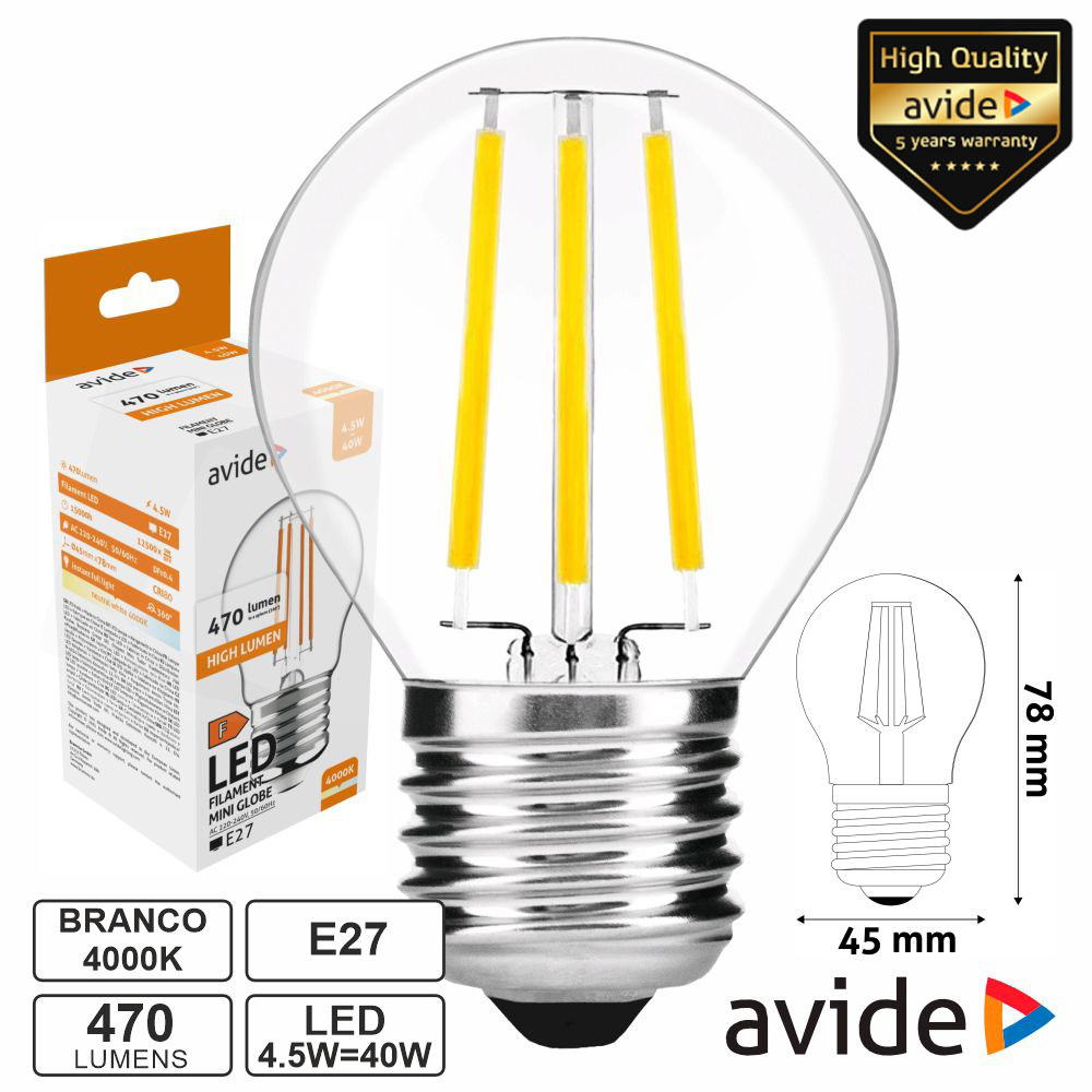 ABLFMG27NW-4.5W LÂMPADA LED E27 GLOBO FILAMENTO 4.5W 230V 4000K 470LM AVIDE
