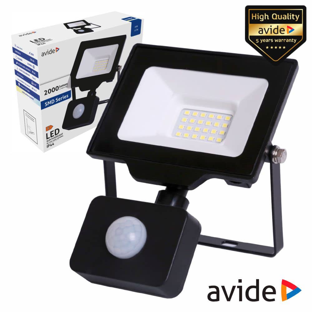 Foco LED 20W 230V C/ Sensor 6400k 2000lm Preto IP44 AVIDE