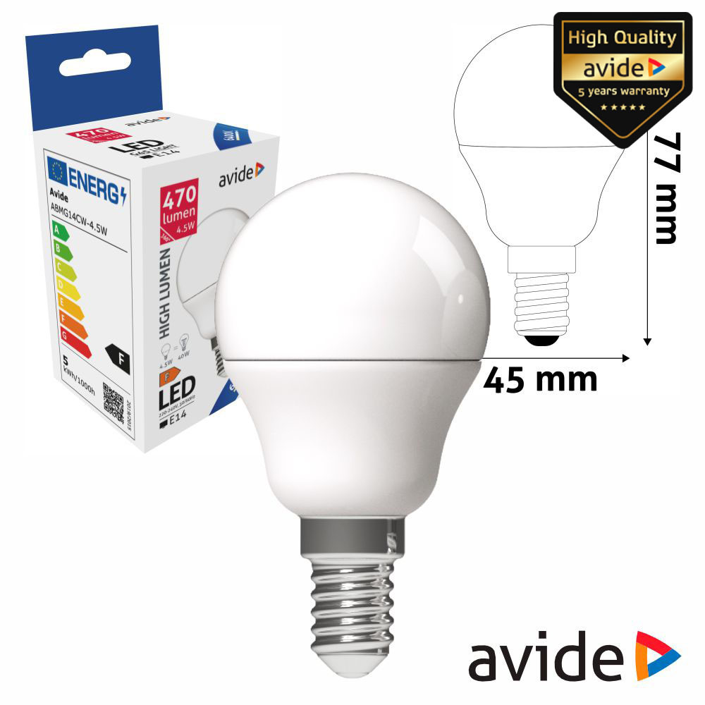 ABMG14CW-4.5W Lampada LED E14 globo G45 4.5W 230V 6400K 470lm AVIDE