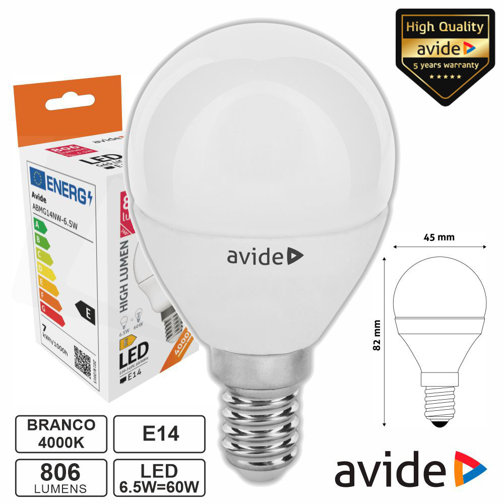 ABMG14NW-6.5W Lampada LED E14 Globo G45 6.5W 230V 4000K 806lm